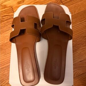Hermes Brown Leather Oran Slide Sandals